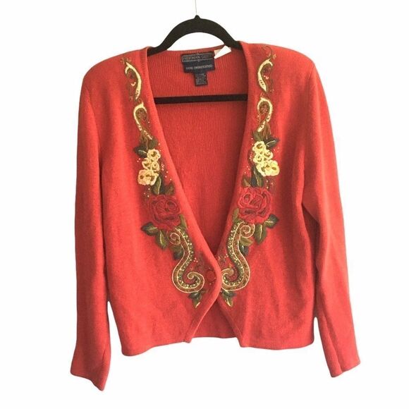 HERMAN GEIST Hand Floral Embroidered Embellished Cardigan Sweater Red S - Picture 2 of 8